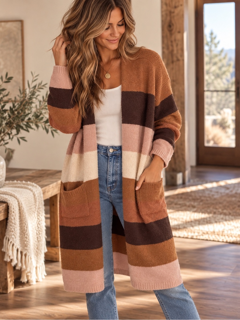 Freshman 1996 Striped Long Cardigan Sweater Duster Brown Pink Cream Large